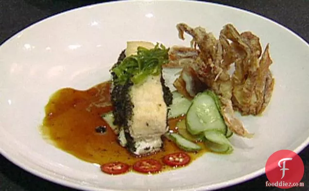 Pan Seared Wild Rockfish and Soft Shell Crab Tempura with Ginger and Yuzu Glaze, Cucumber and Toasted Nori