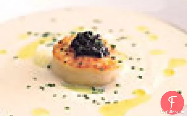 Cauliflower Soup with Seared Scallops, Lemon Oil, and American Caviar