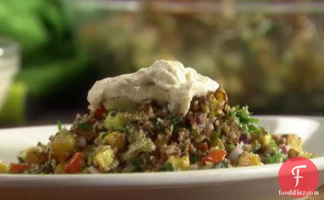 Roasted Vegetable Tabbouleh with Grilled Flat Bread and Yogurt-Tahini Dressing