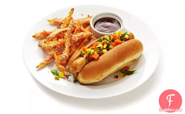 Grilled Chicken Dogs With Sweet Potato Fries