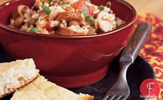 काली आंखों वाले मटर और चावल एंडोइल सॉसेज के साथ