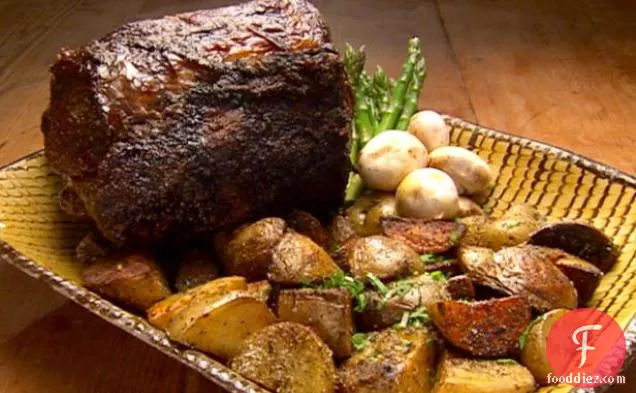 Rib Roast with Red Wine Demi-Glace and Roasted White Potatoes and Asparagus