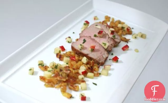 Pan Roasted Pork Tenderloin with Mustard Spaetzle and Apple Cilantro Salsa