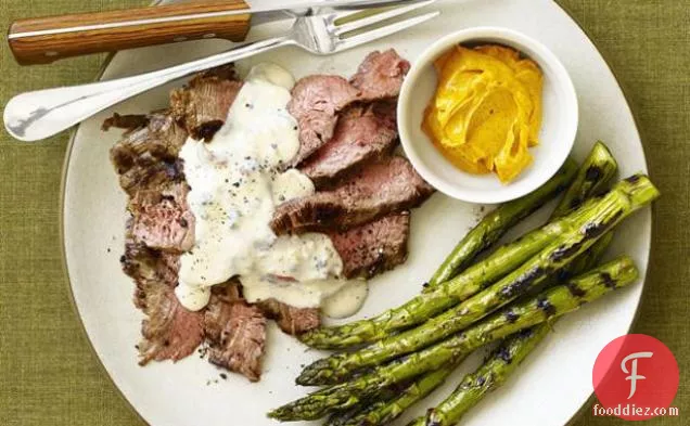 Grilled Flank Steak with Gorgonzola Cream Sauce and Asparagus