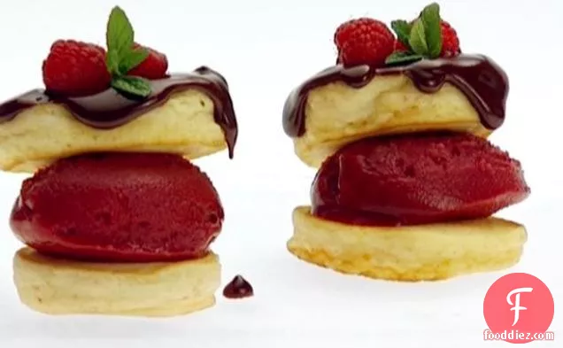 Mini Pancakes with Raspberry Sorbet and Chocolate Sauce