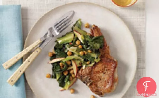 Pork Chops With Sauteed Chickpeas, Escarole, And Apple