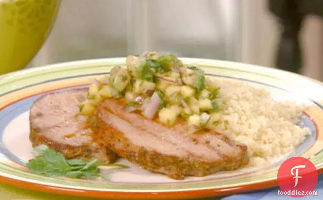 Hot Chile Grilled Pork Rounds with Avocado-Mango Salsa over Couscous