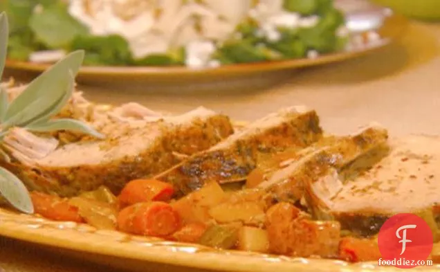 Slow-Cooker Parmesan-Sage Pork Loin and Watercress Salad with Sliced Pears, Goat Cheese and Toasted Pine Nuts