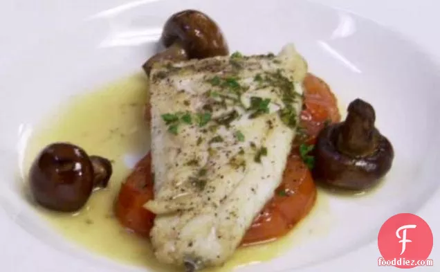 Branzino with Roasted Tomatoes, Olive Oil Poached Mushrooms
