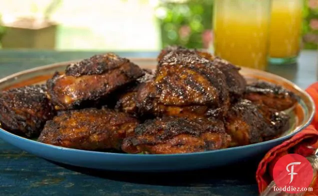 Curry Rubbed Smoked Chicken Thighs with Sorghum-Chile Glaze