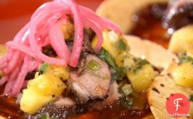 Tamarind Glazed Duck Tacos with Grilled Pineapple Relish and Pickled Onions