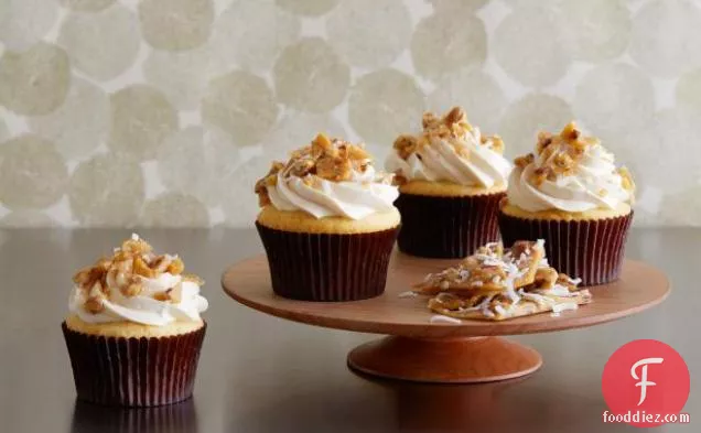 Salted Caramel Cupcakes with Pecan Coconut Brittle Crumble and Caramel Swiss Buttercream