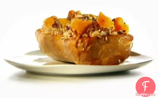 Roasted Butternut Boats Stuffed with Sausage, Toasted Pasta and Rice