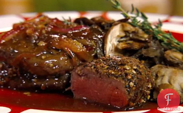 Steaks with Peppercorn Melange and Sweet Onion Marmalade