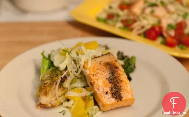 Grilled Salmon with Citrus-Fennel Salad and Grilled Escarole
