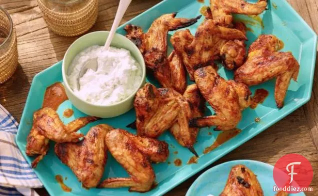 Grilled Chicken Wings with Spicy Chipotle Hot Sauce and Blue Cheese-Yogurt Dipping Sauce