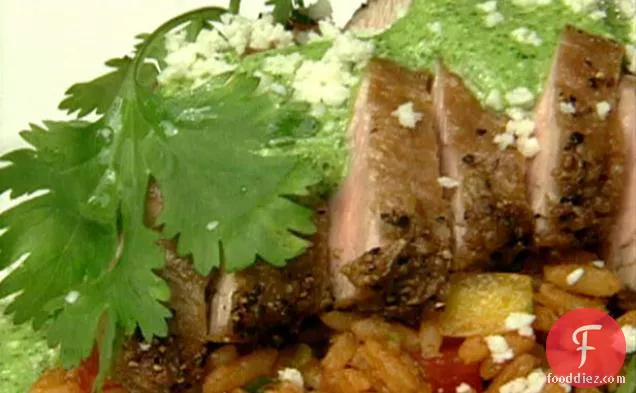 Texas Style Pesto with Pork Tenderloin and Spanish Rice