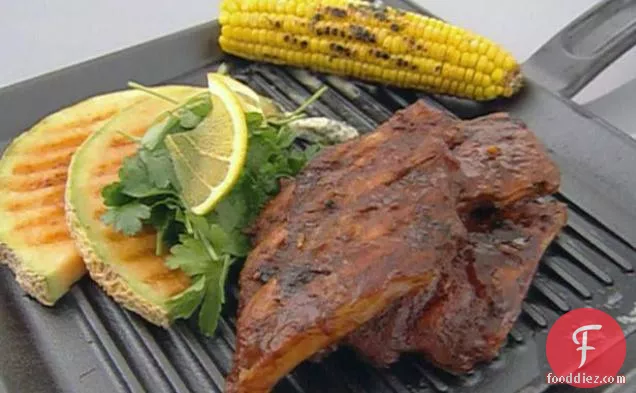 Rory's Ribs with Grilled Corn, Cantaloupe, and Fresh Herb Salad