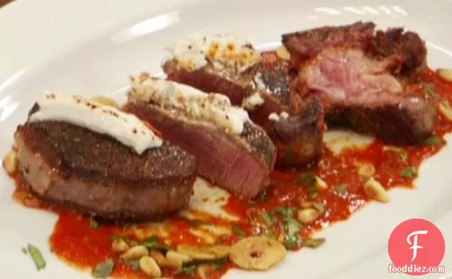 Black Pepper Crusted Filet Mignon with Goat Cheese and Roasted Red Pepper-Ancho Salsa