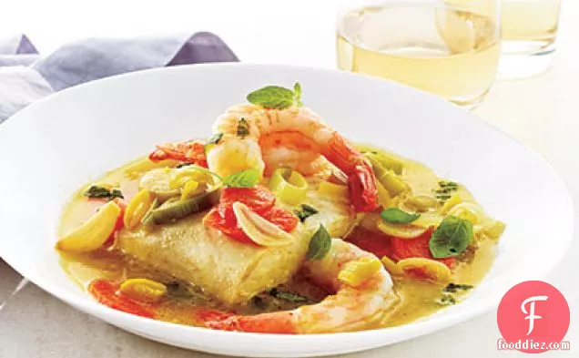 Halibut and Shrimp with Minted Broth