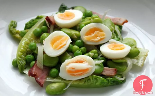 Braised Gem Lettuce, Broad Beans, Peas And Ham With Quails Eggs