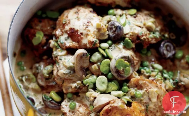 Beer-Braised Chicken Stew with Fava Beans and Peas