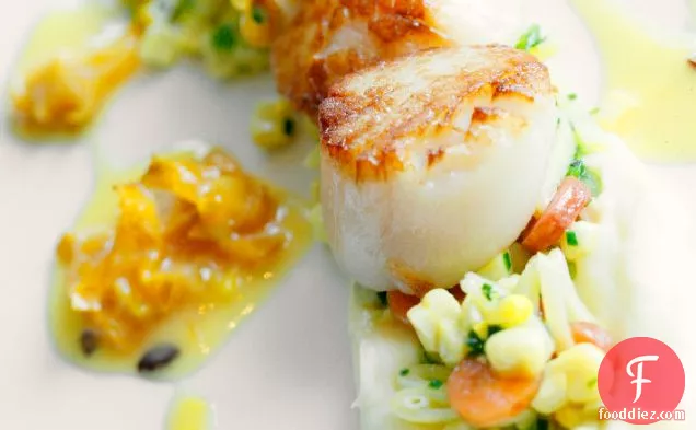 Seared Scallops With Carambola Sauce, Parsnip And Succotash