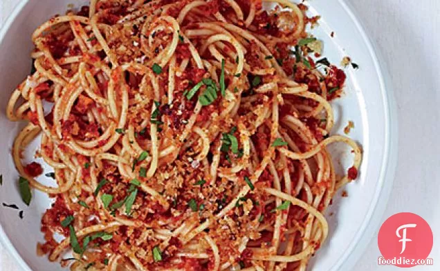 Spaghetti with Sun-Dried-Tomato-Almond Pesto