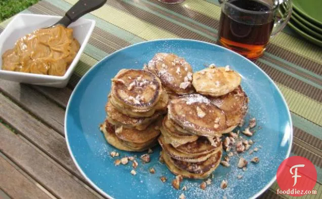 Silver Dollar Buttermilk-Pecan Pancakes with Bourbon Molasses Butter and Maple Syrup