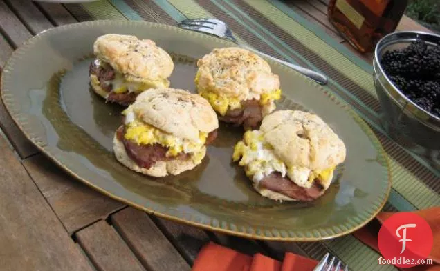 Country Ham and Fried Egg on Angel Biscuits