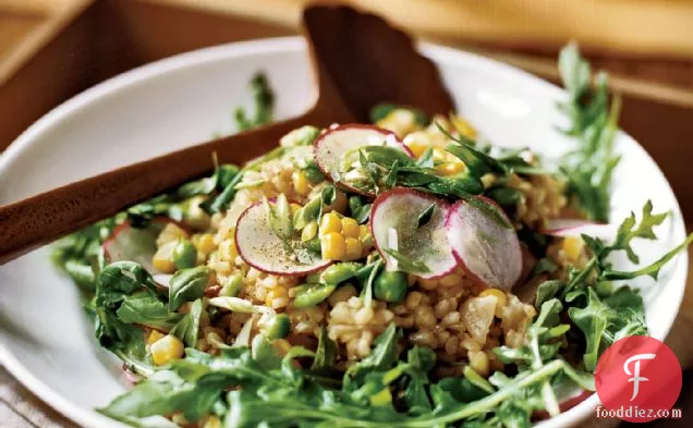 Herbed Brown Rice Salad with Corn, Fava Beans and Peas