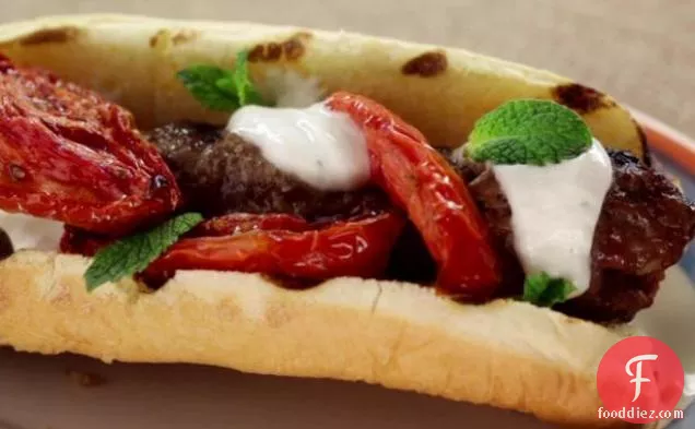 Kefta Dog with Roasted Tomatoes, Ballpark Style