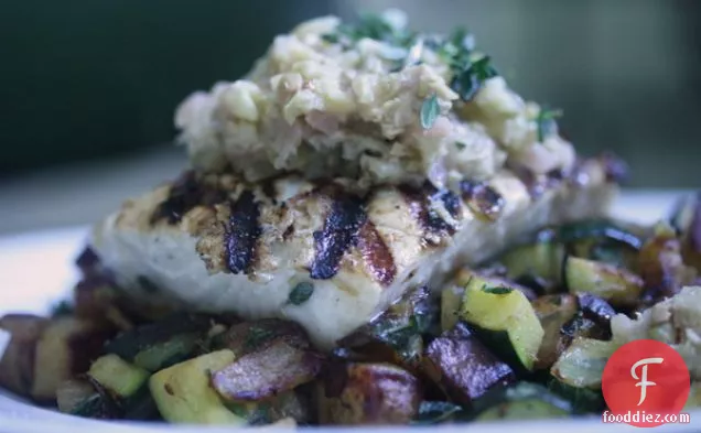 Grilled Halibut With Fennel & Green Olive Tapenade