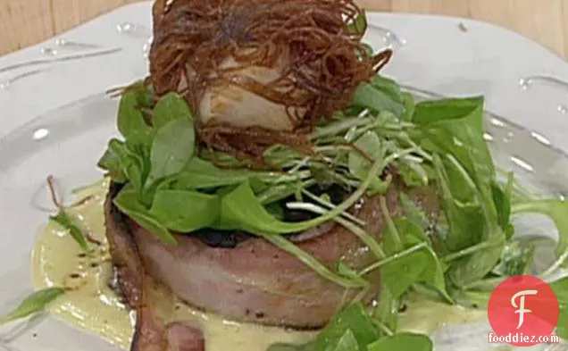 Crab and Shiitake-Stuffed Filet Mignon with Diver Scallops Wrapped in Peruvian Purple Potato Nets and Bearnaise Sauce