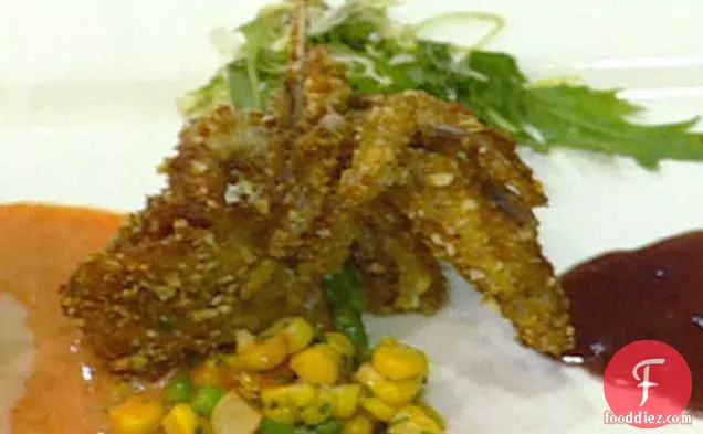 Soft Shell Crabs with Corn Relish, Field Greens and Roasted Red Pepper Sauce