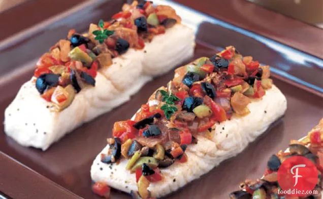 Halibut With Red Bell Pepper And Olive Relish
