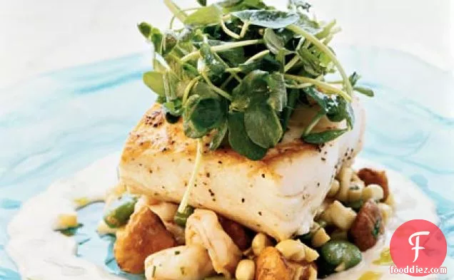 झींगा सक्कोटाश के साथ पैन-सियर हलिबूट