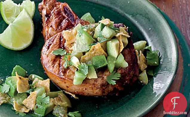 Grilled Chile Pork Chops with Tortilla-Tomatillo Salsa