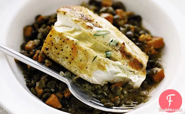 Halibut with Lentils and Mustard Sauce