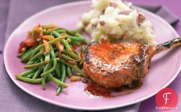 Glazed Pork Chops With Smashed Potatoes And Stewed Green Beans