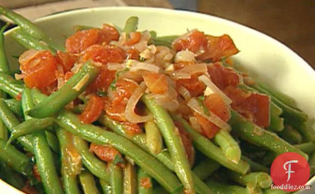 Sauteed Green Beans with Tomatoes and Basil served with Parmesan Crisps