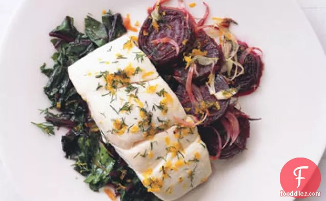 Halibut With Roasted Beets, Beet Greens, And Dill-orange Gremolata