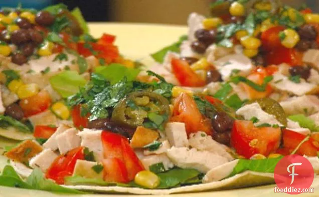 Chicken Tostada with Corn, Pickled Jalapenos and Black Beans