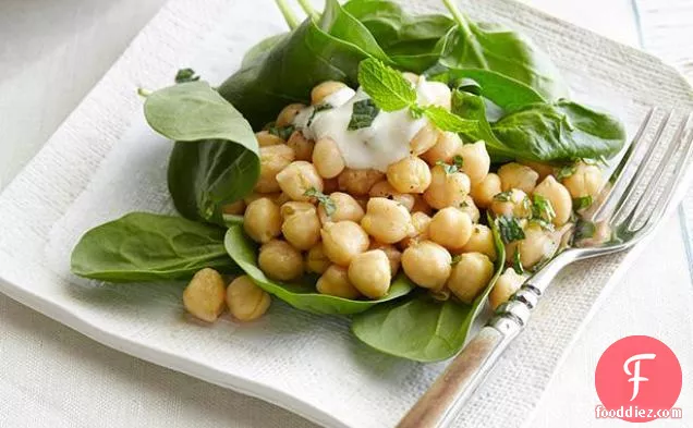 Chickpea and Spinach Salad with Cumin Dressing and Yogurt Sauce