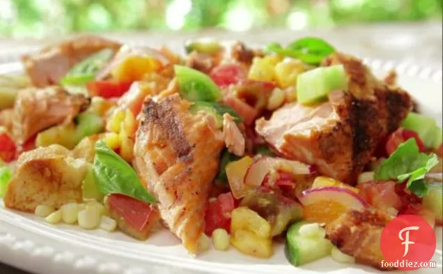Heirloom Tomato and Grilled Corn Panzanella with Salmon
