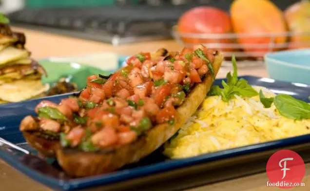 Soft Scrambled Eggs with Romano and Black Pepper with Tomato Bruschetta