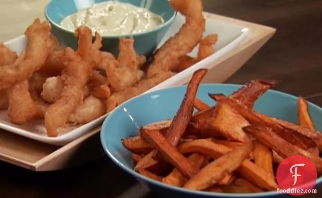 Fried Fish Bites with Sweet Potato Fries and Spicy Mayo