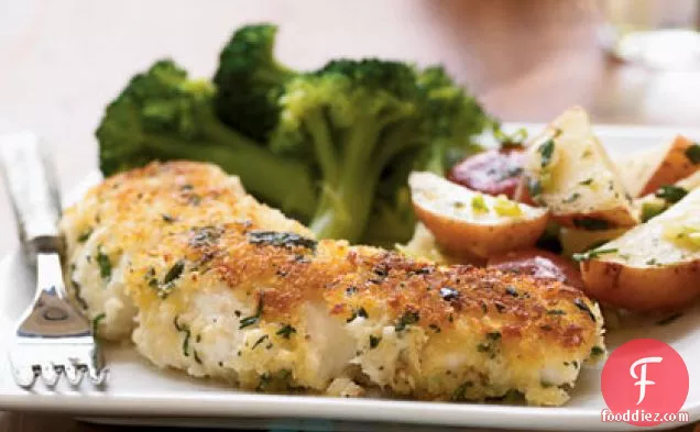 लहसुन और जड़ी बूटी ओवन-तली हुई हलिबूट