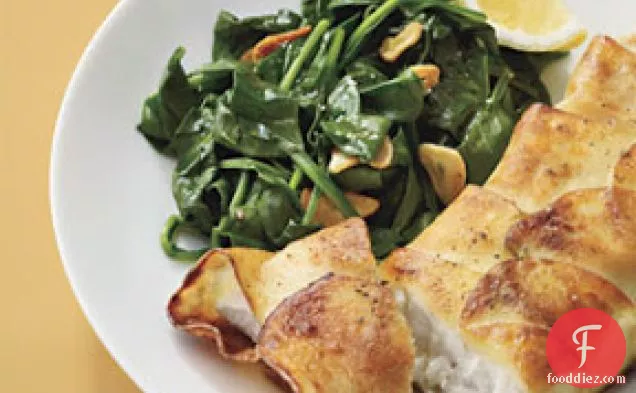 Potato-wrapped Halibut With Sautéed Spinach