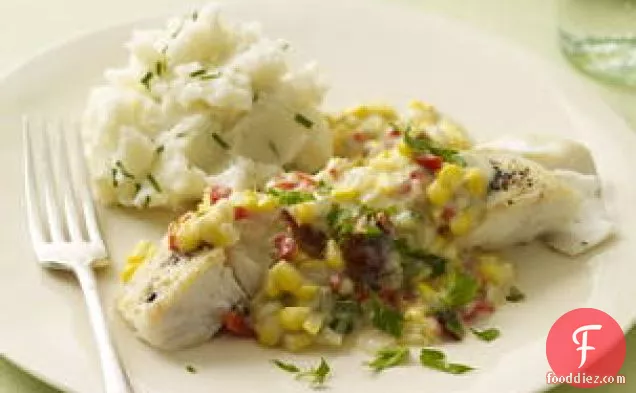 Halibut With Corn Chowder Gravy And Sour Cream And Chive Mashed